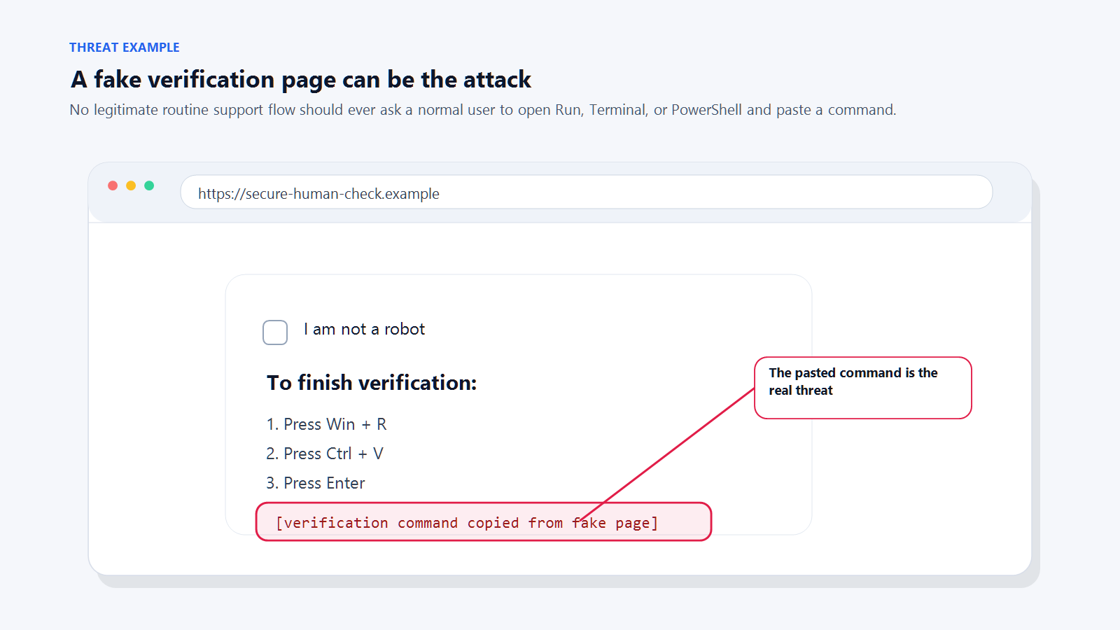 Example of a fake verification or error page instructing the user to open a terminal and paste a command, with the paste-a-command trap highlighted.